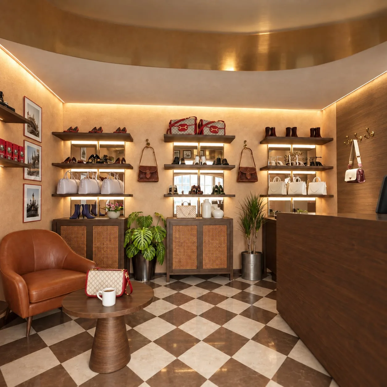 Display walls of bags and shoes above a tan leather armchair