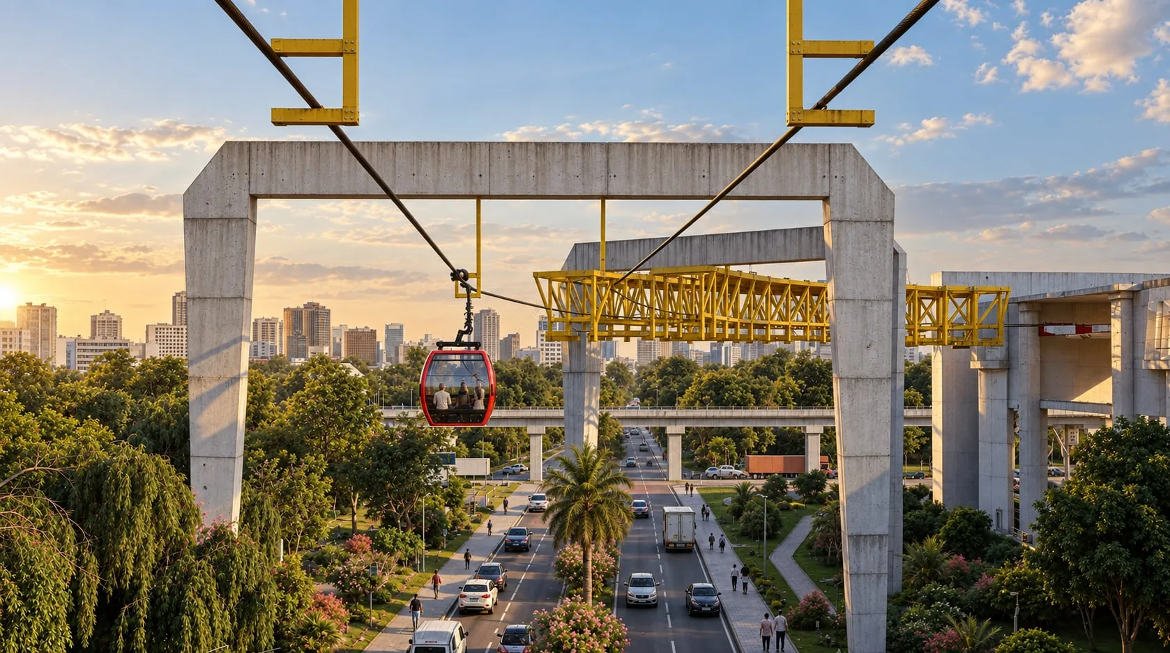Yellow truss towers carrying the line over the road at dusk