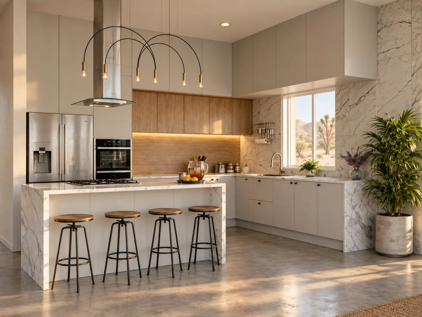 Open kitchen with a marble island, bar stools and a sculptural light
