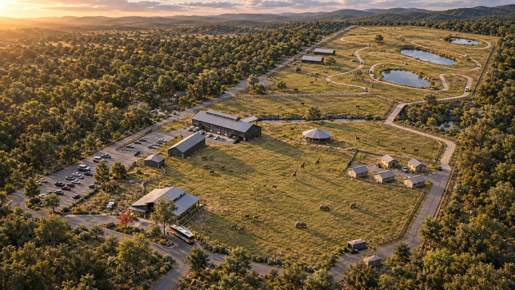 Aerial of the park with its paddocks and ponds