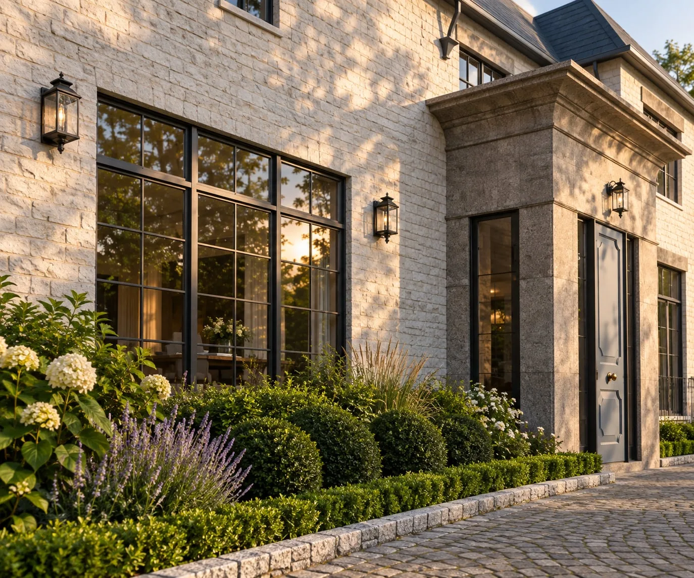 Side elevation with tall windows above a lavender border