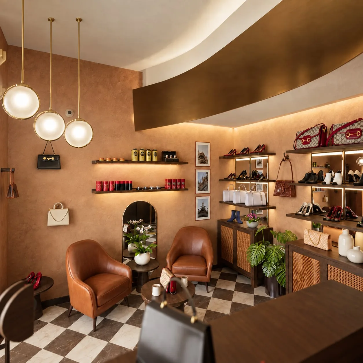 Shop floor with globe pendants, framed prints and low cabinets