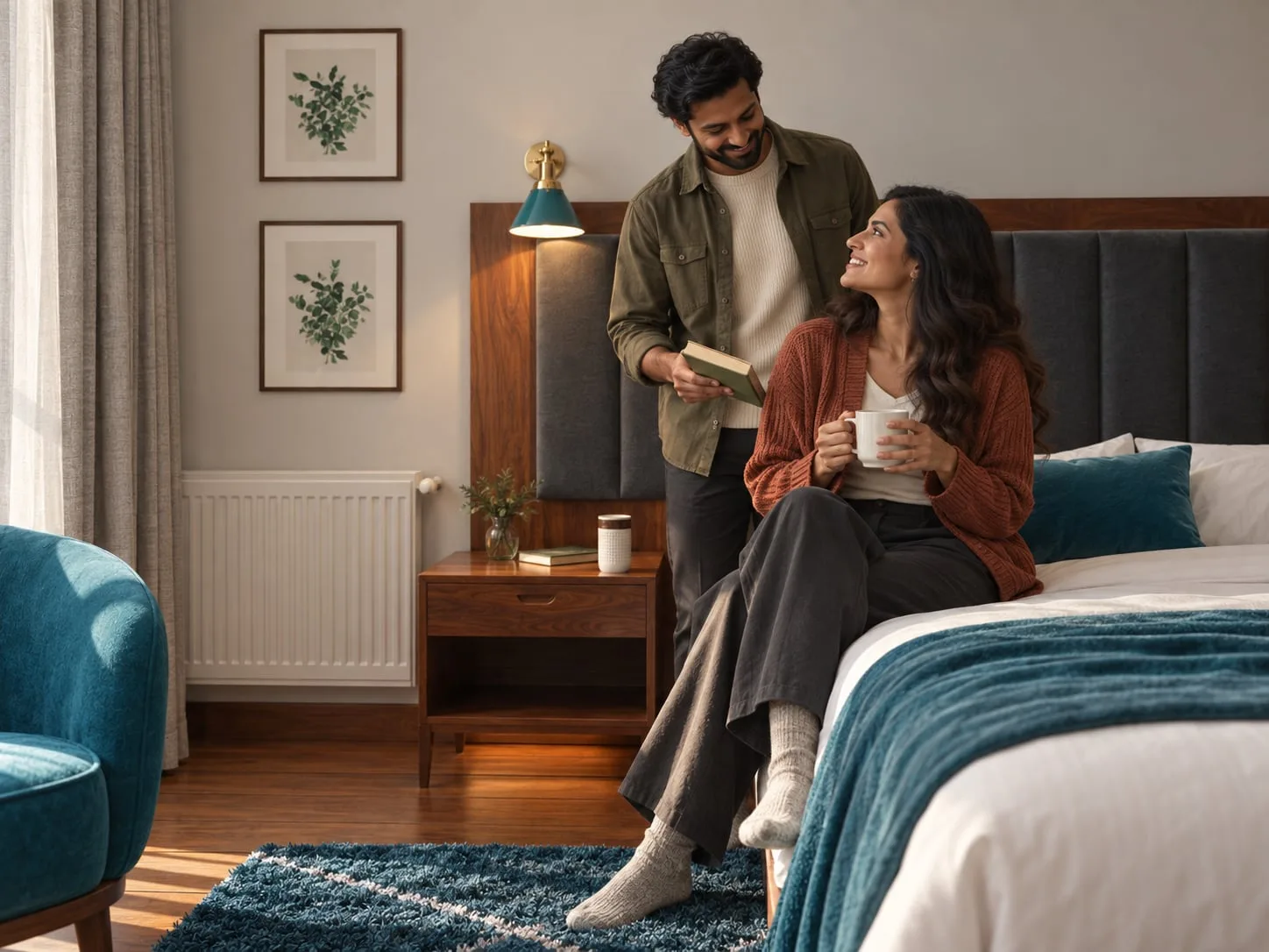 Couple with tea beside the bed, reading light on the panelled wall