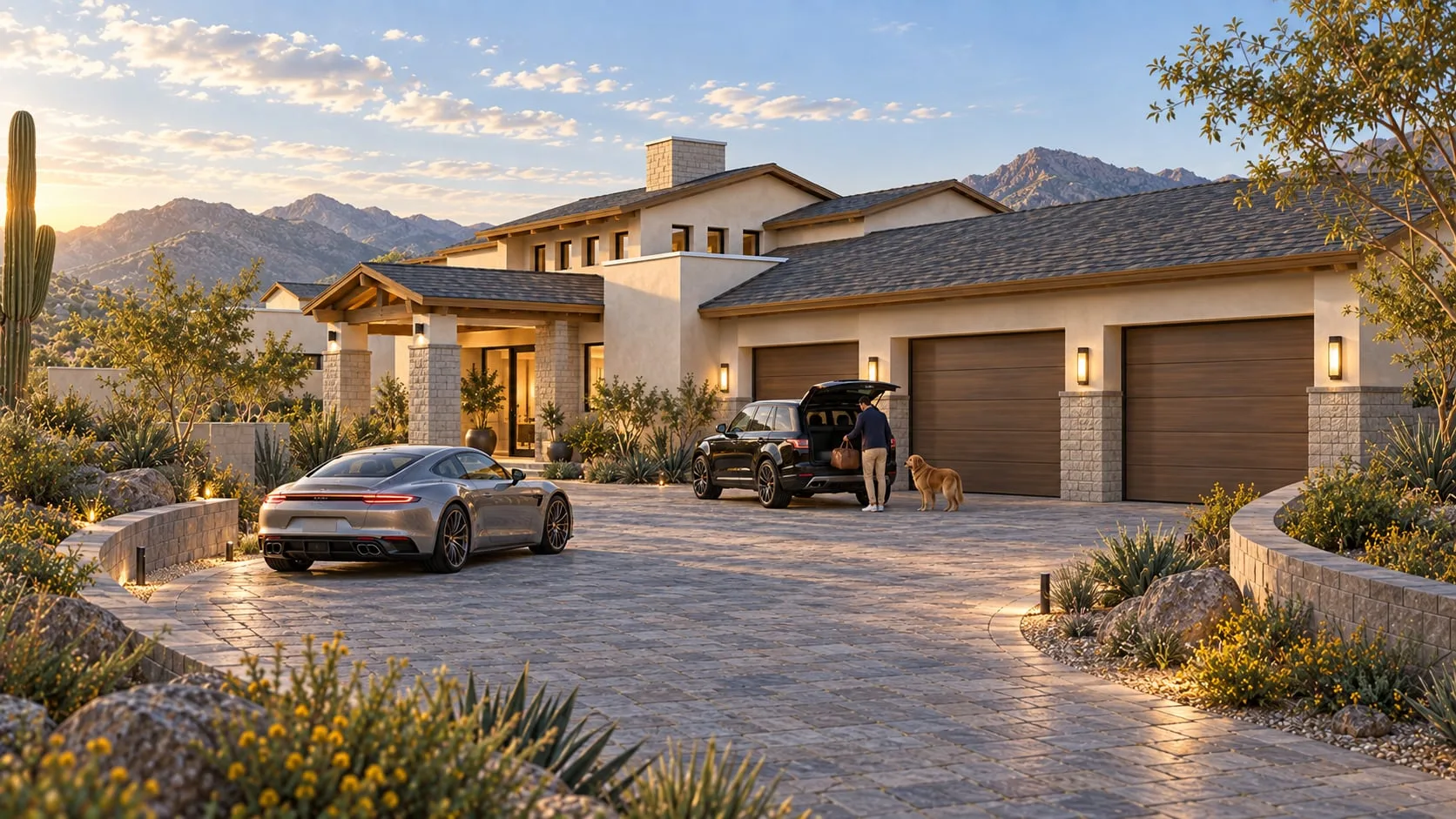 Entrance court at dusk, cars on the paved drive and the garage lit