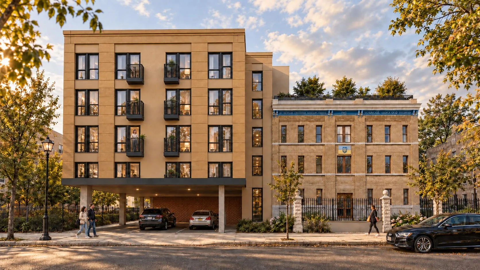 Street elevation at dusk with the drop-off and parked cars