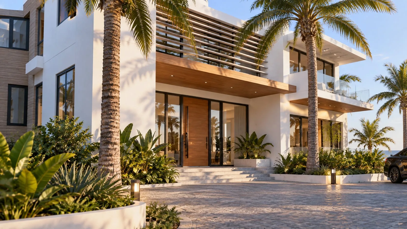 Entrance elevation with palms and timber doors