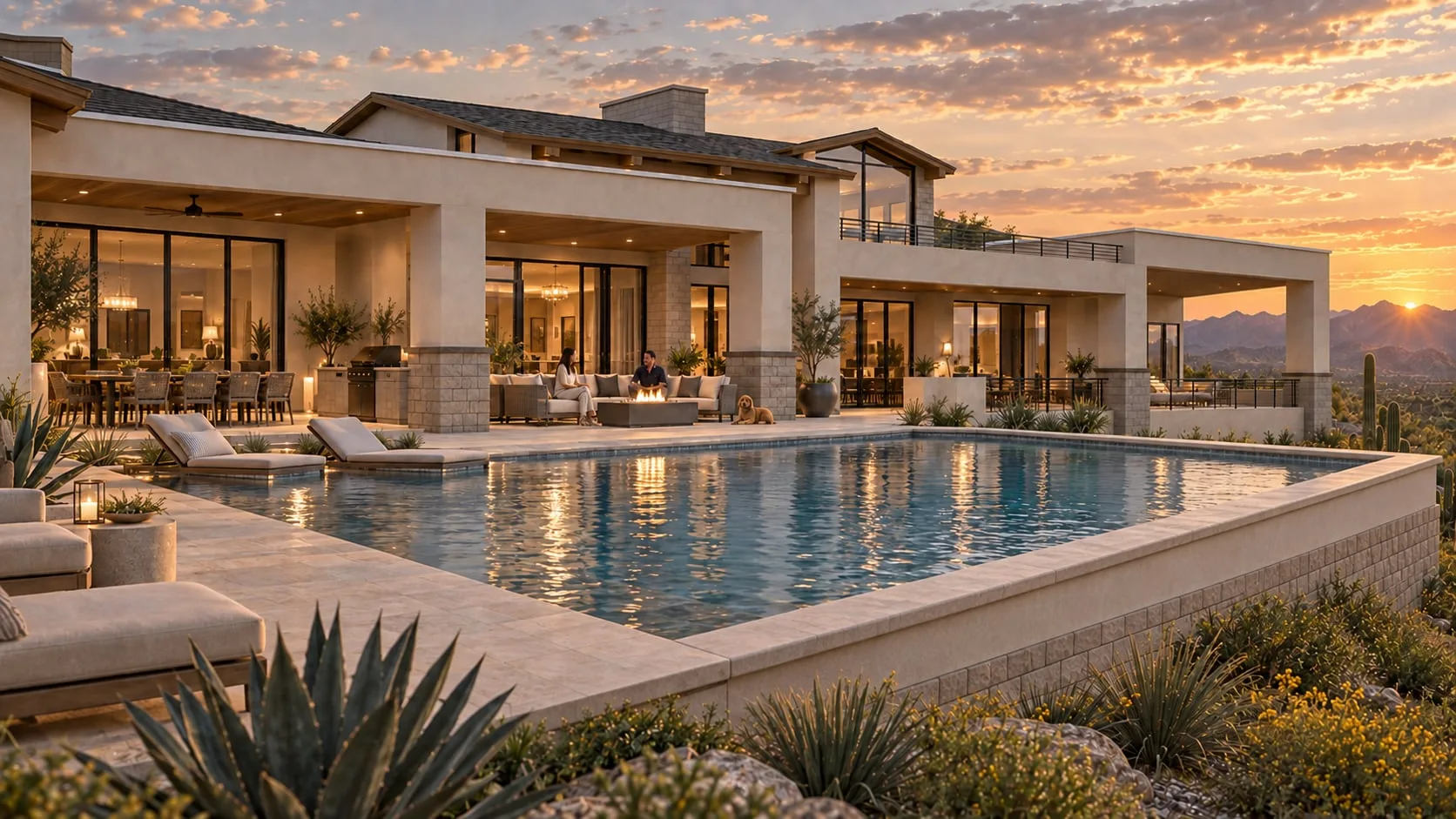 Pool terrace at sunset with loungers and the glazed living pavilion behind
