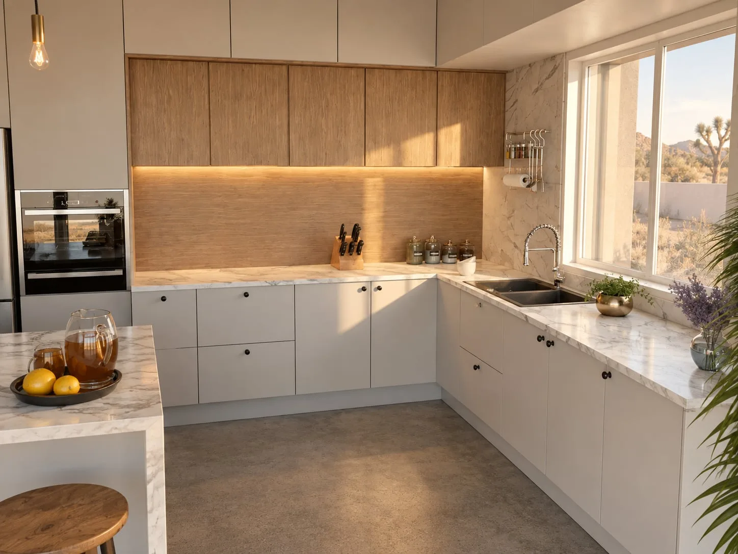 Kitchen run in pale timber with a window onto the desert