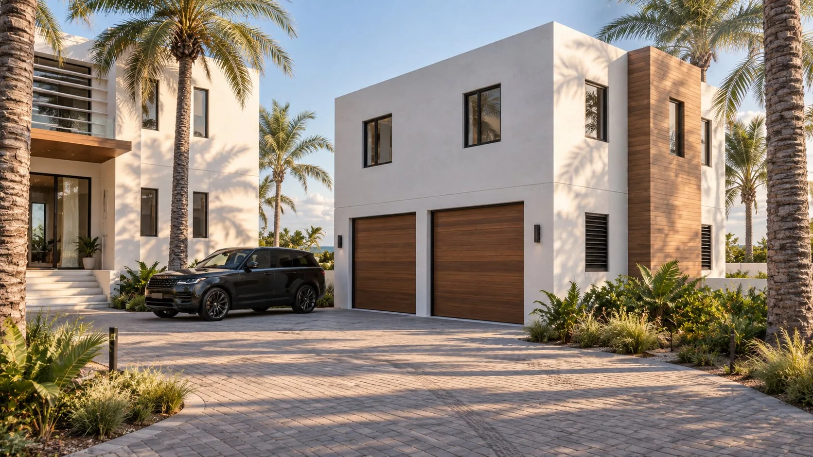 Garage court with a car on the paved drive