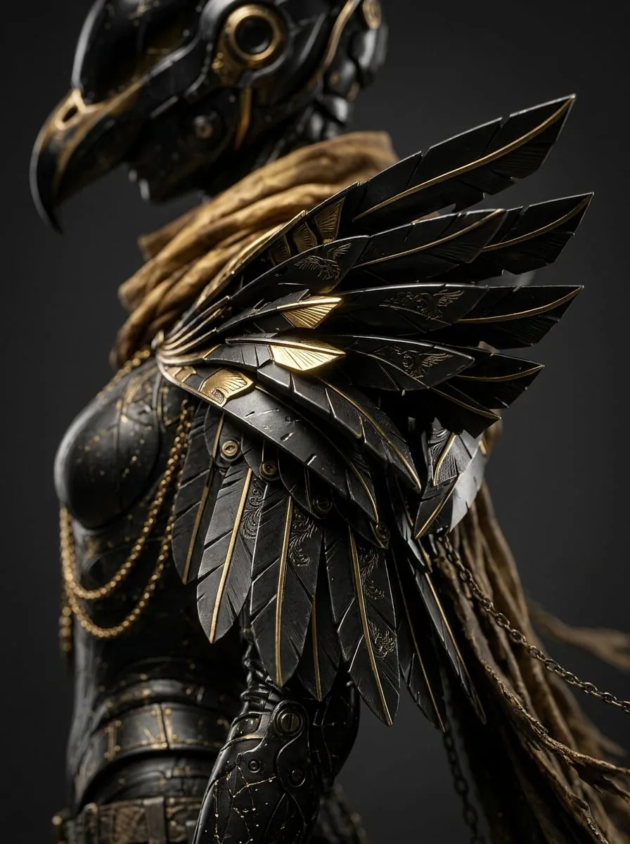 Three-quarter view showing layered metal feather pauldrons and gold chain work