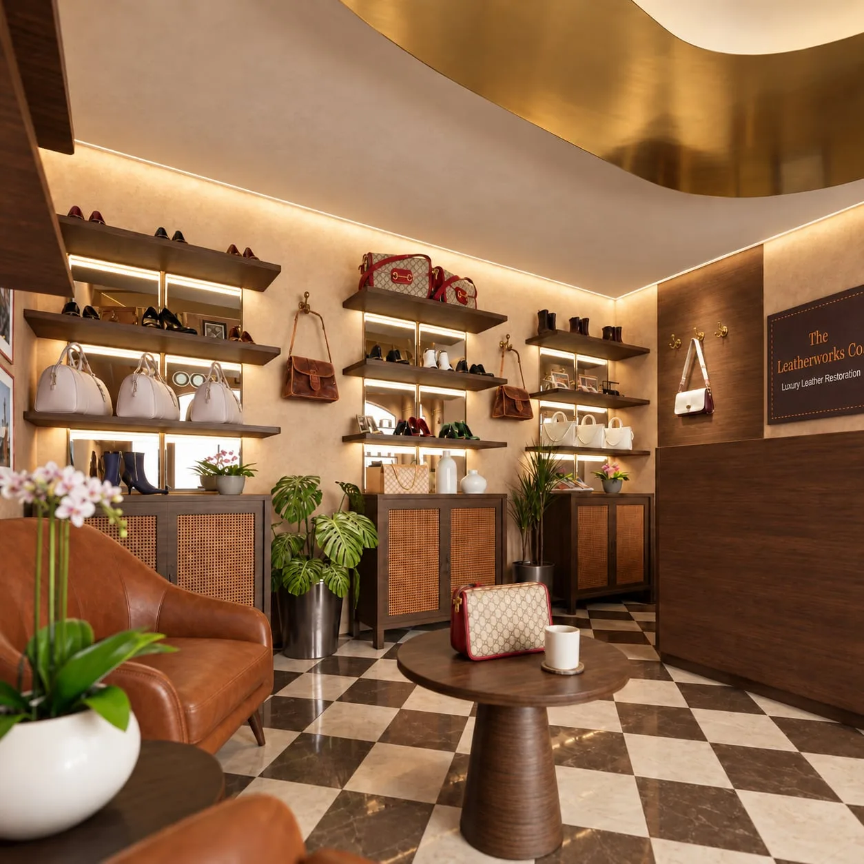 Shelves of bags and shoes around a seating area with planting