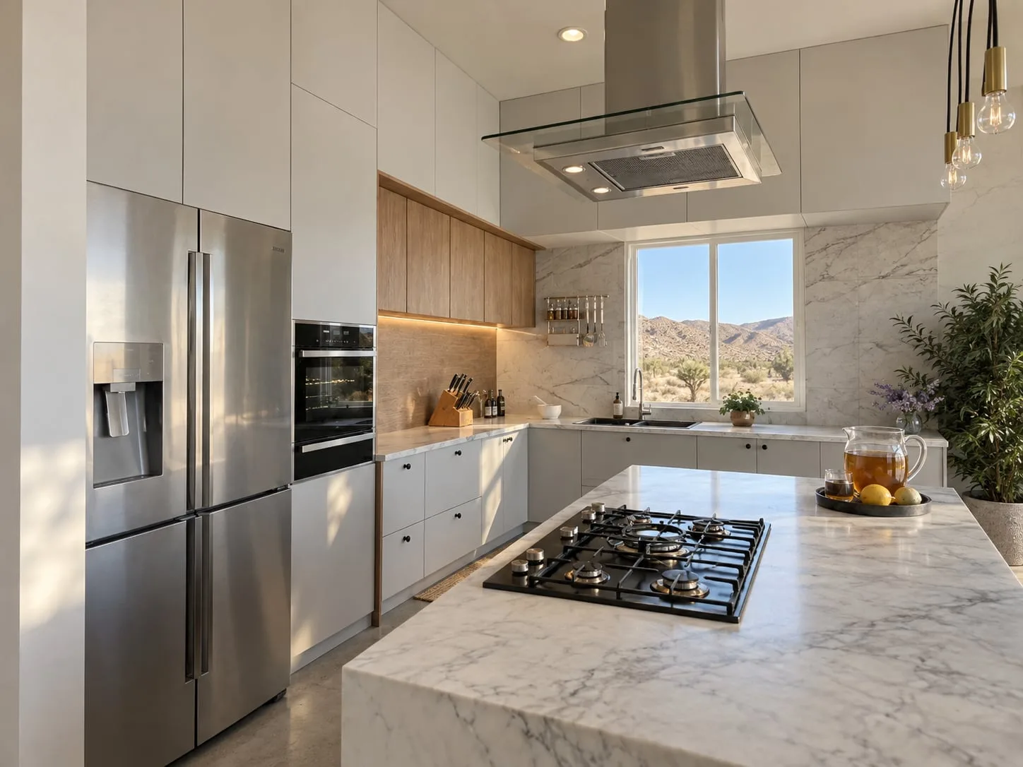 Kitchen island with a gas hob and the range hood above
