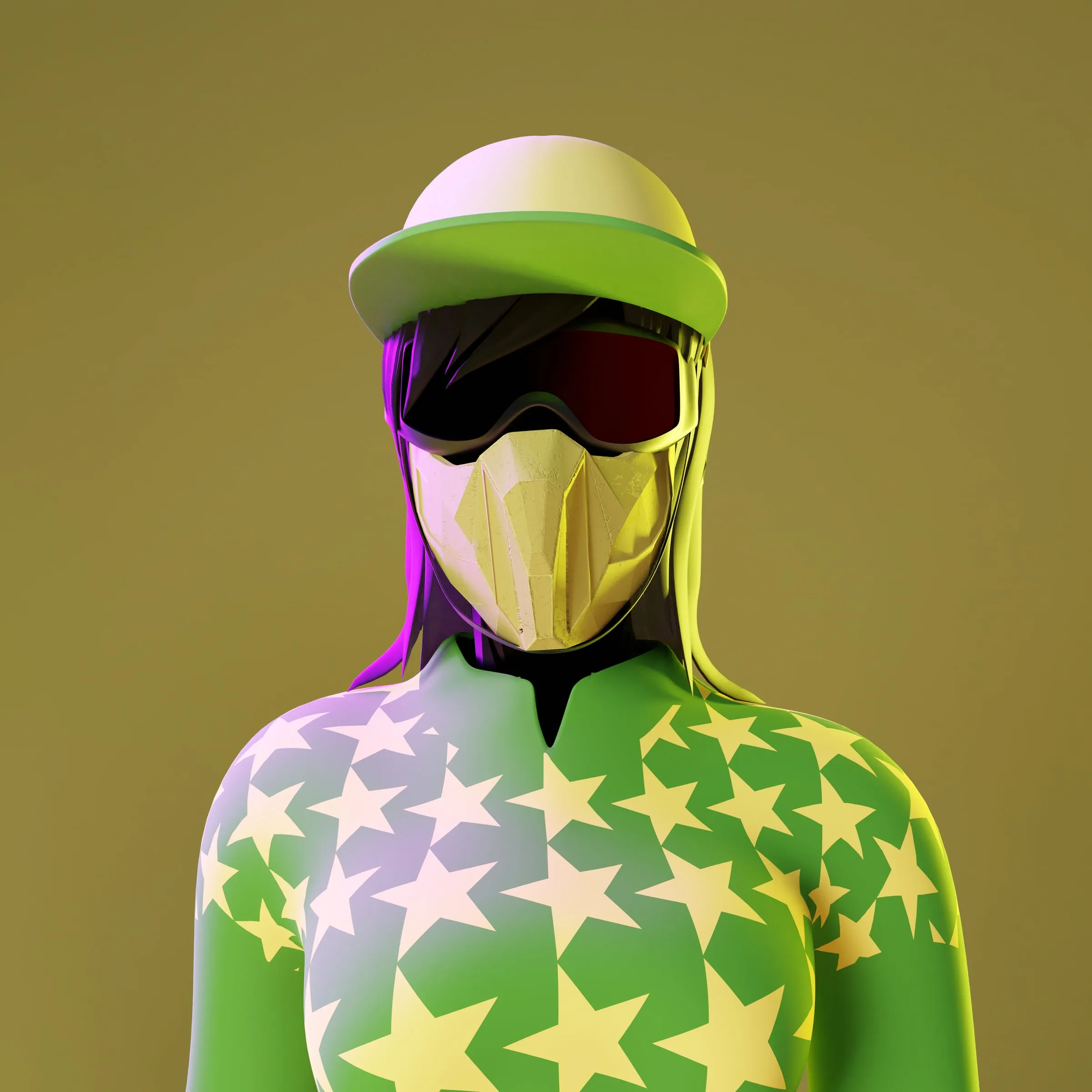 Female jockey avatar in patterned silks, colourway 8 of 12