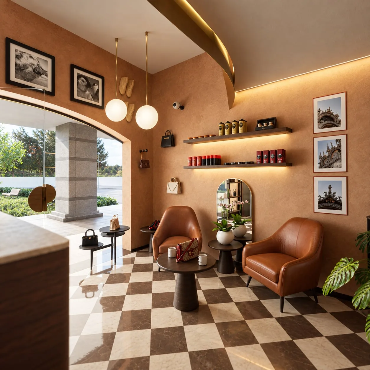 Seating corner in leather on the chequerboard floor beside the arched doorway