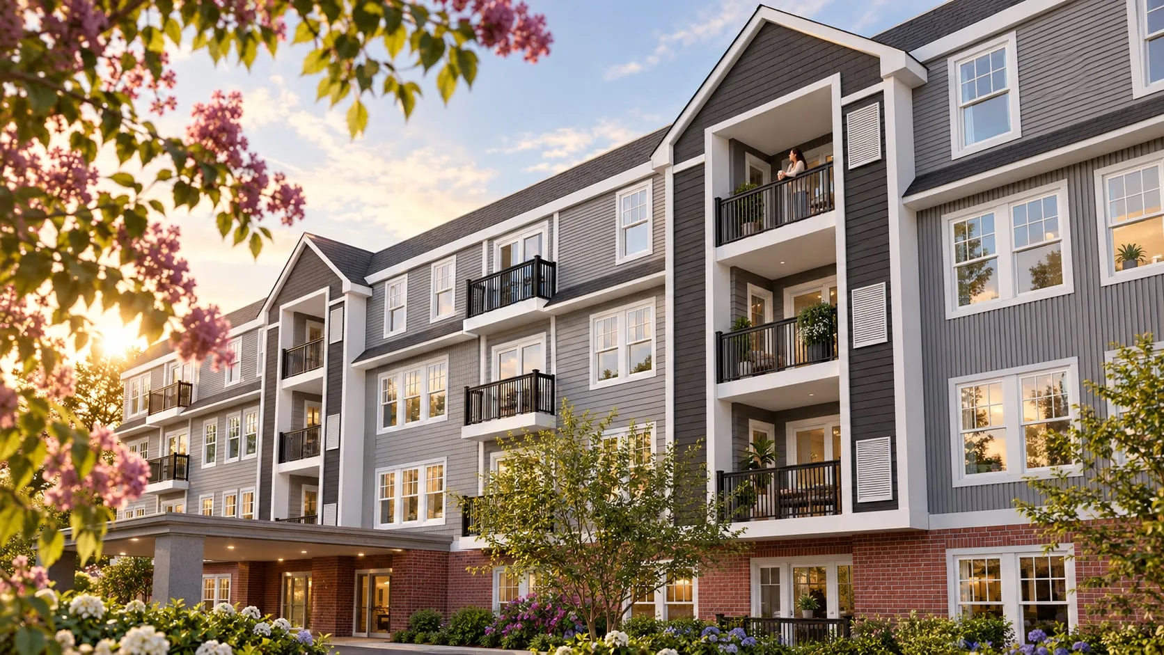 A close view of the balconies, grey siding above a brick base, blossom catching the low sun in the foreground