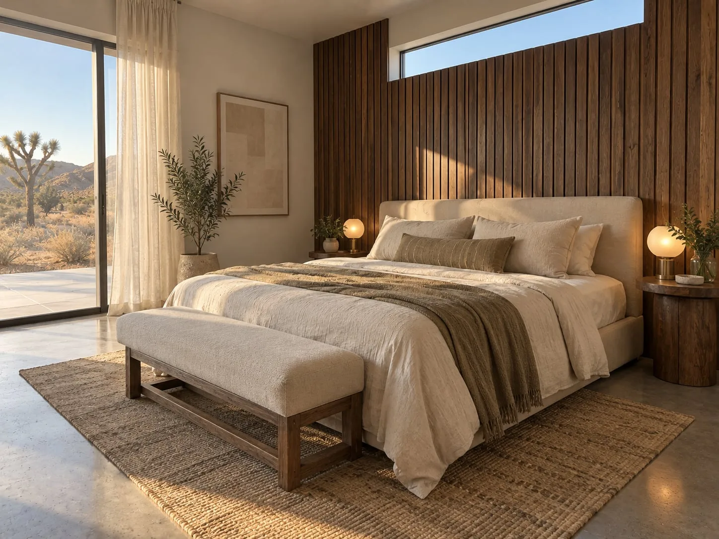 Bedroom with a slatted timber headboard wall and a bench at the foot
