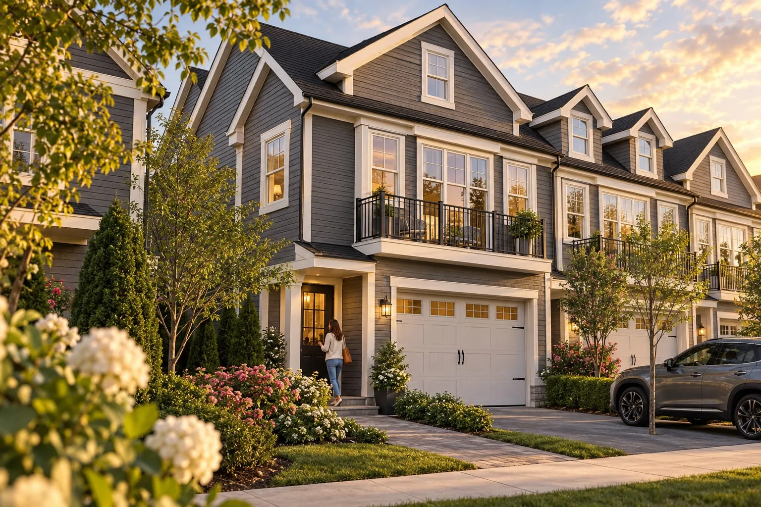 A townhome entrance at the end of the row, someone at the door and planting either side of the garage