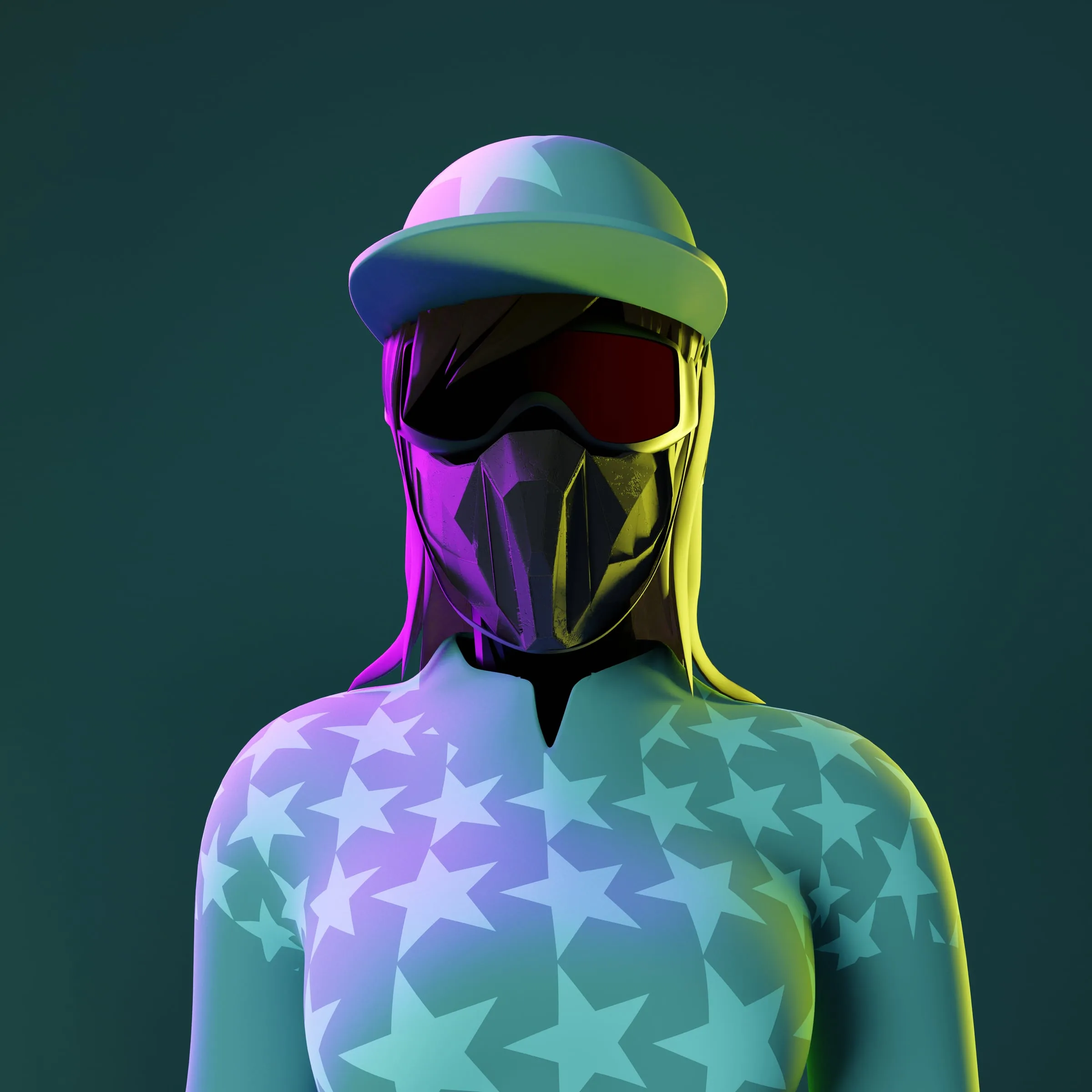 Female jockey avatar in patterned silks, colourway 12 of 12