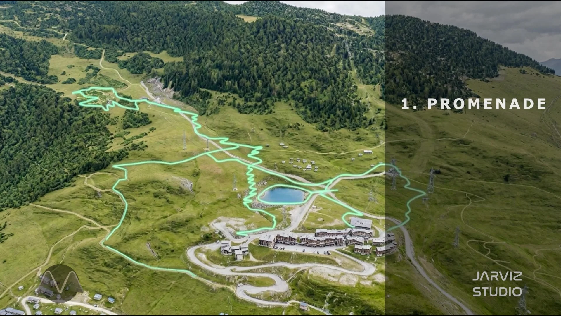 The summer terrain with the proposed promenade and trail loop traced in green around the lake and village