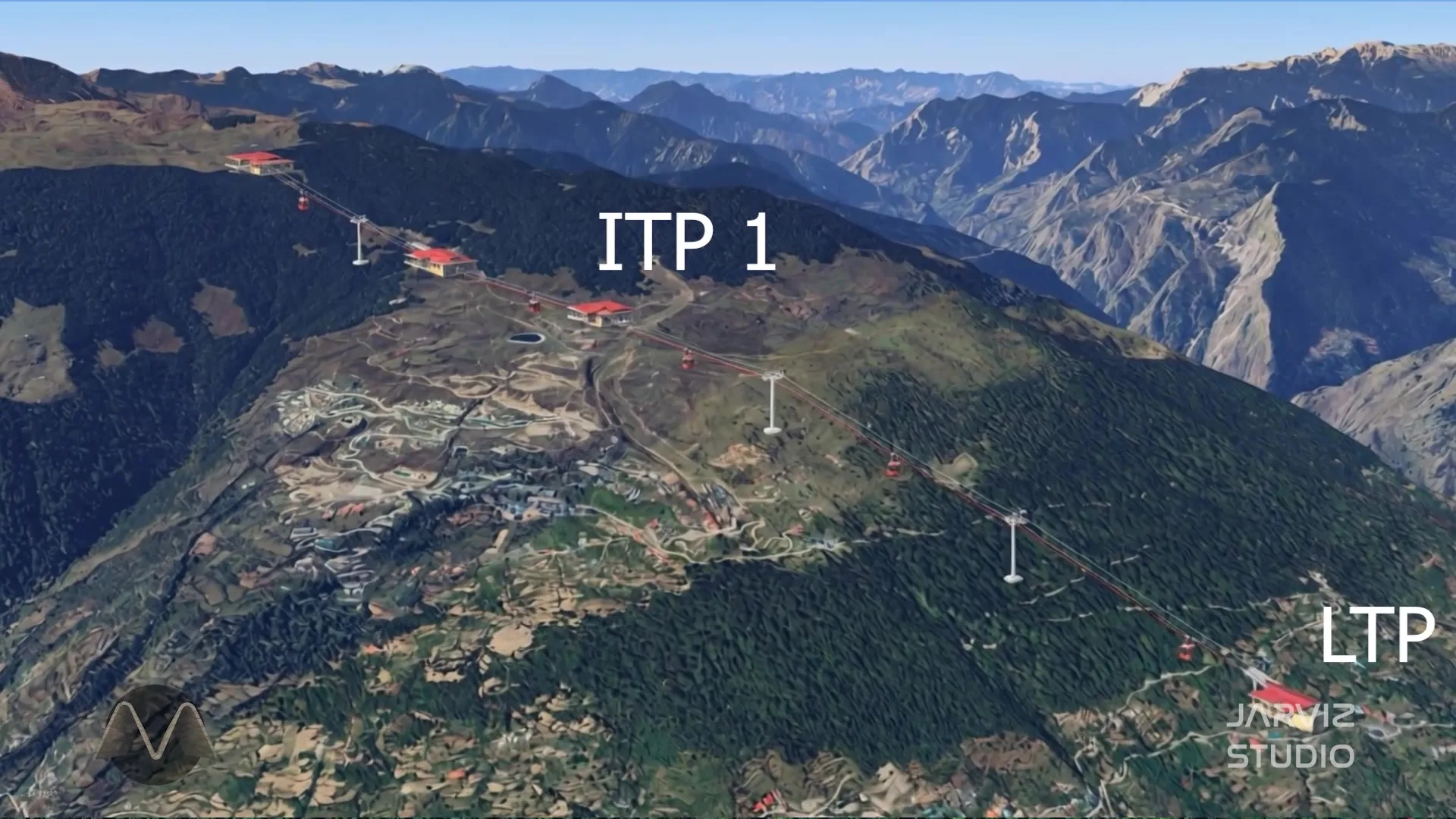 Aerial view of the valley with the intermediate and lower terminal positions marked along the ridge