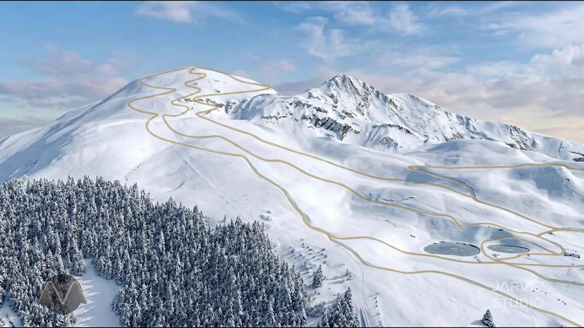 The modelled peak under snow with the proposed piste and lift routes drawn in gold across the slopes